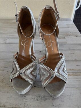Jessica Simpson Silver Beaded Ankle-Strap Platform Heels